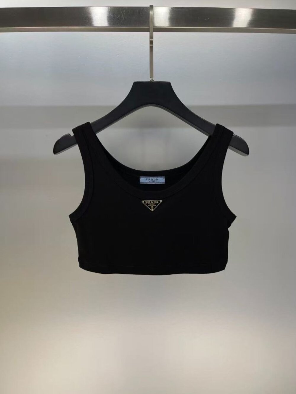 Prada Black U-Neck Ribbed Cropped Tank Top Gold Triangle Logo Sleeveless Vest